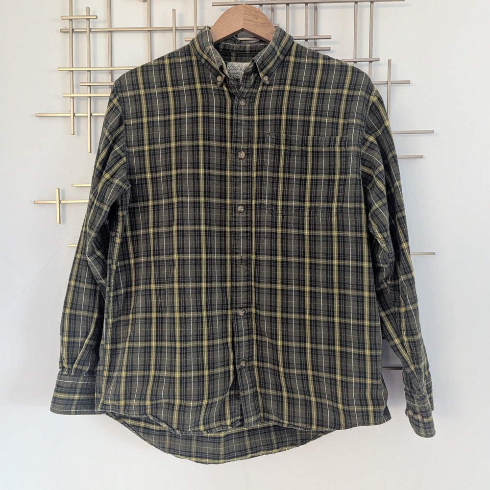 Cabelas Plaid Flannel Button Down Shirt Men's M Green‎ Yellow Black 100% Cotton